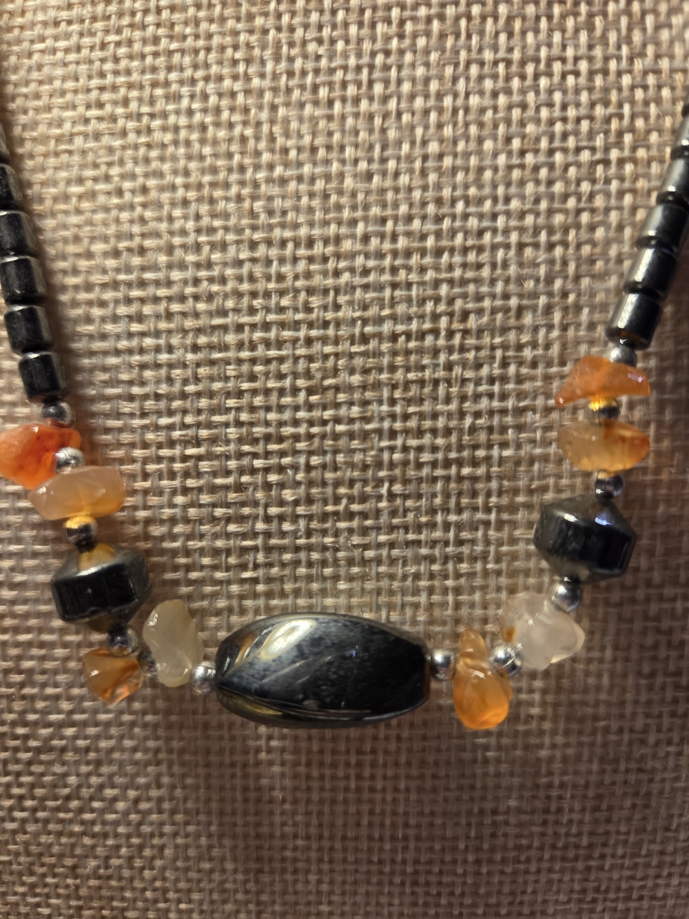Hematite and Orange Carnelian Beaded Necklace - Women Jewelry
